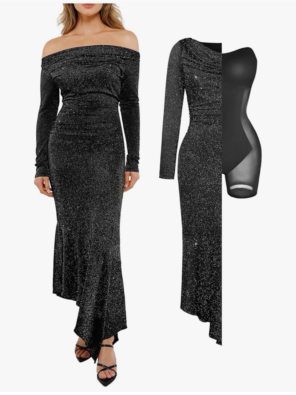 Popilush Women's Shapewear Maxi Dress Sparkling Off-Shoulder Long-Sleeve  size S
